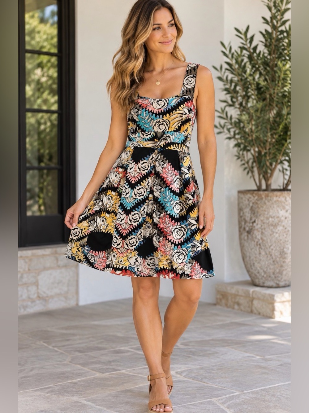 Retro Abstract Floral Print Dress Size Small Black Multicolor Sleeveless Boho